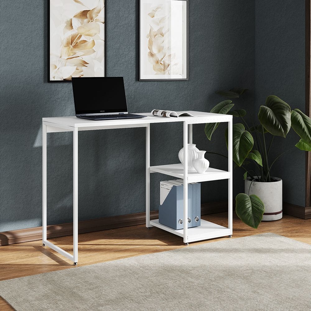 Mesa Escritório Berlim Industrial com Prateleira Ferro Branco Tampo 110x46 Branco