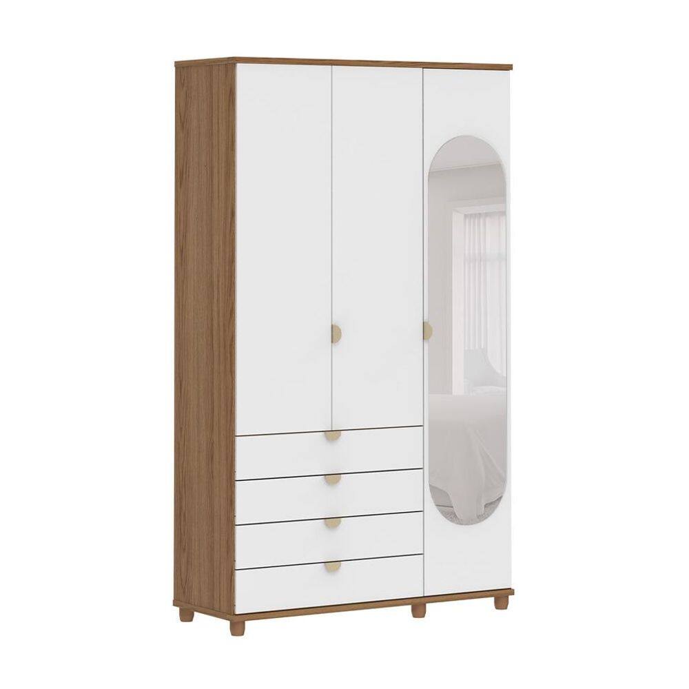 Guarda-Roupa Casal com Espelho Look 3 Portas 4 Gavetas Branco e Freijó