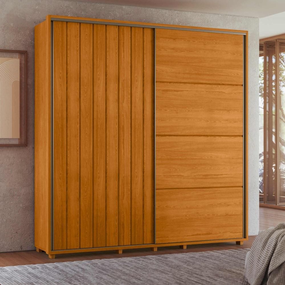 Roupeiro Monet 100% MDF ripado 2 portas de correr 4 gavetas - Cinamomo - Madetec