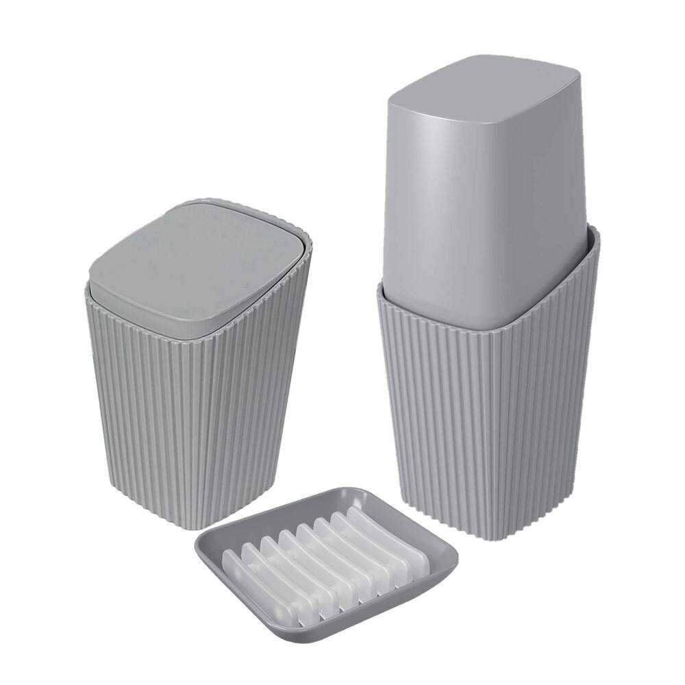 Kit Banheiro Porta Cotonete Escova Dispenser Saboneteira New Square Cinza - Coza