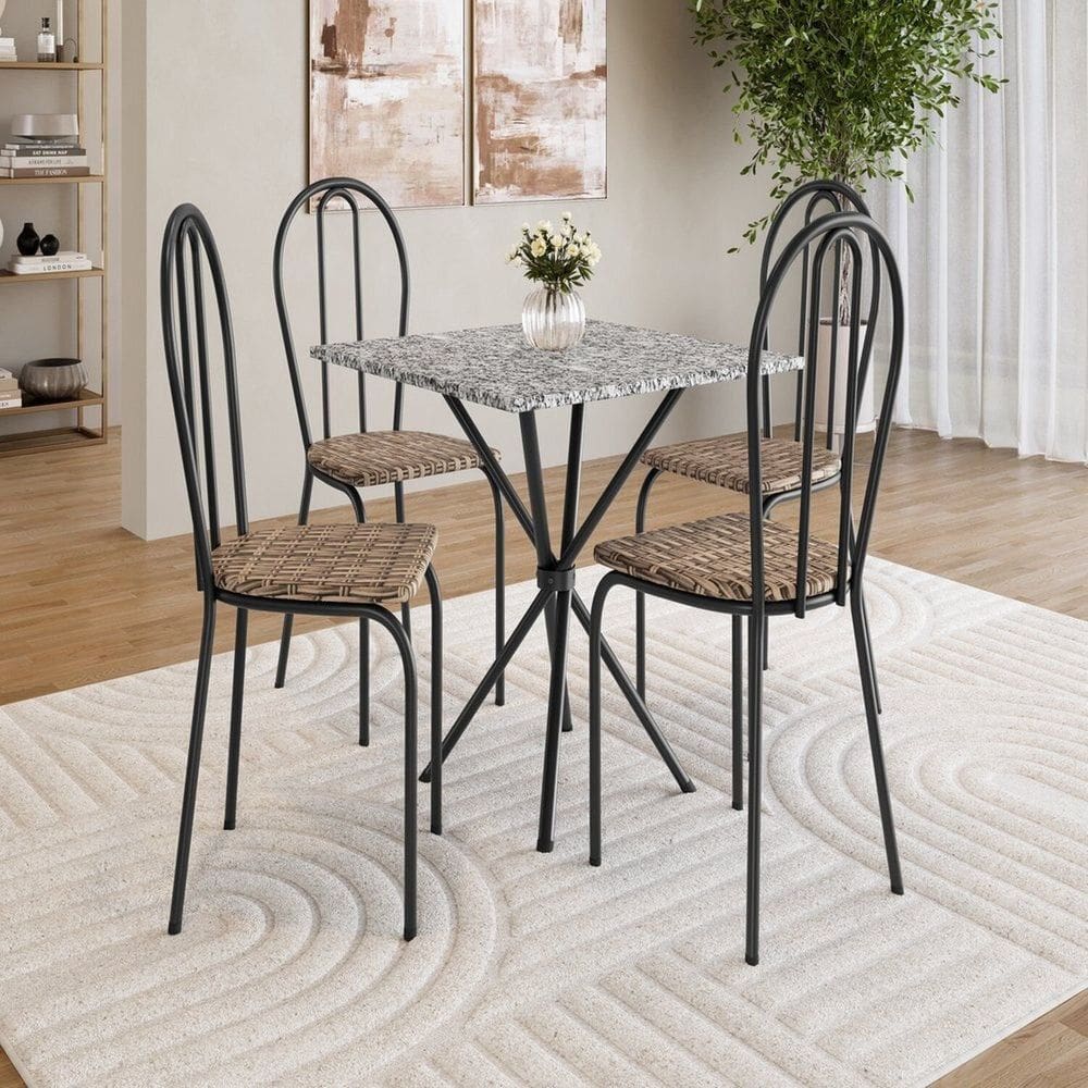 Conjunto de Mesa com 4 Cadeiras Leia Preto / Rattan / Ocre
