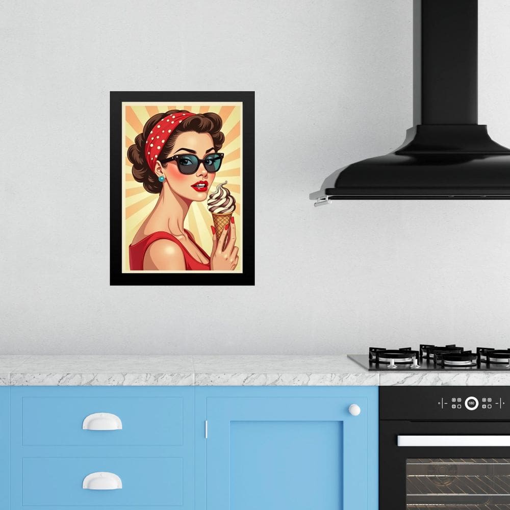 Quadro Decorativo Cozinha Pin Up Girl Sorvete 45X34Cm Vidro