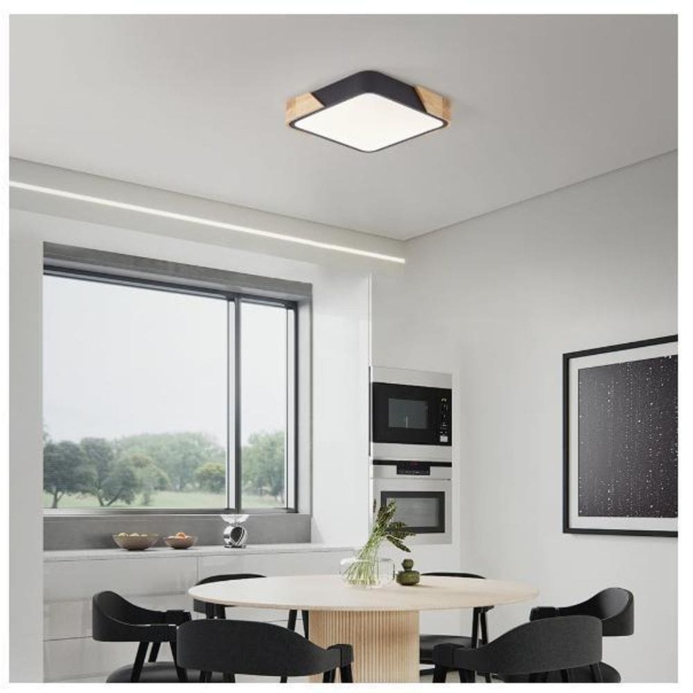 Luminária Plafon Led Sobrepor Quadrado Detalhe Madeira 40Cm