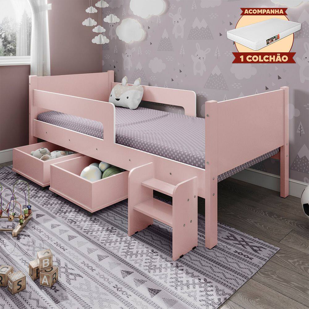 Cama Solteiro com 2 Baus Organizador e Escada Luna Plus Rosa com Colchão