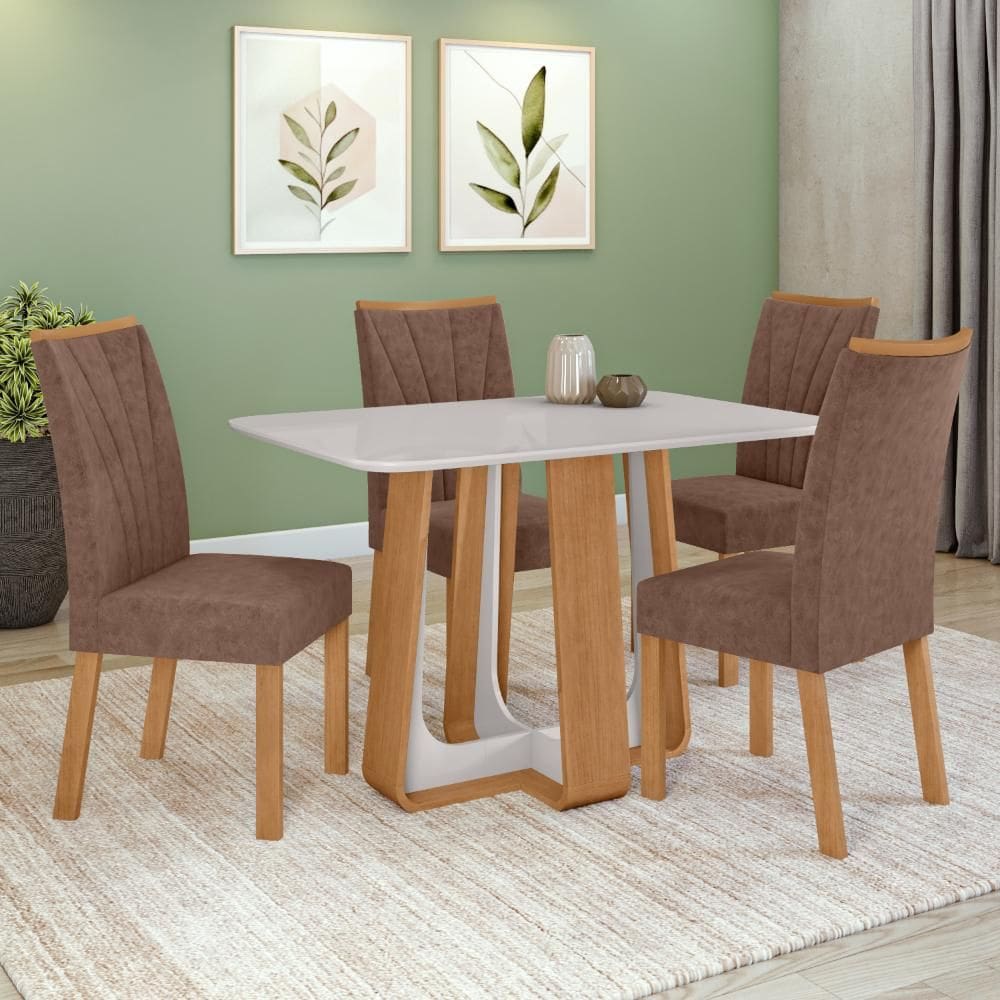 Conjunto Sala de Jantar Mesa Easy Pop 120x80cm Tampo Vidro/MDF com 4 Cadeiras Confort Couro Morano Avelã Amendoa Clean/off White