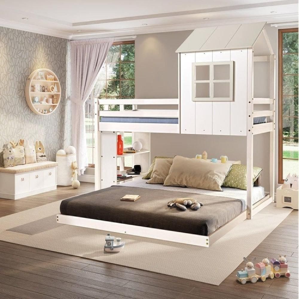 Beliche Queen Montessoriano Cabana Family com Estante Casatema Branco/Off White
