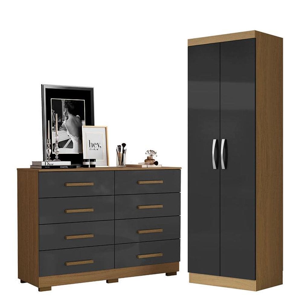 Cômoda 8 Gavetas 2014148 e Armário Multiuso New 2000192 Atacama Grafite - Aramóveis