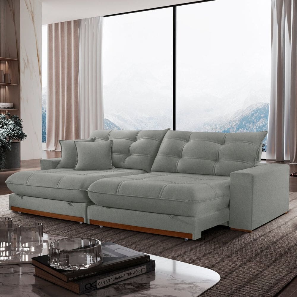 Sofá Retrátil 3 Lugares 250cm Linho Belize Cinza