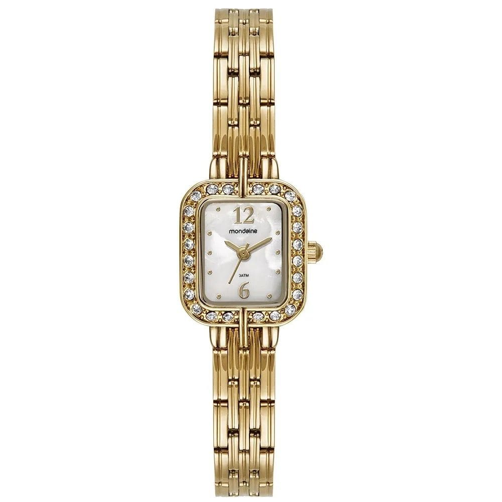 Relógio Mondaine Feminino Quadrado Madrepérola Cristais Dourado 99781LPMVDE1