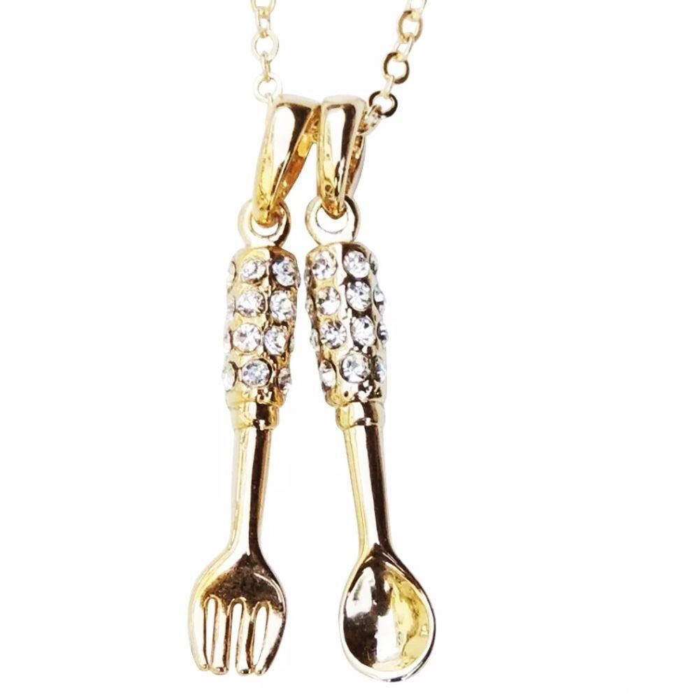 Cordão Colar Colher Garfo Culinária Folheado A Ouro 18k
