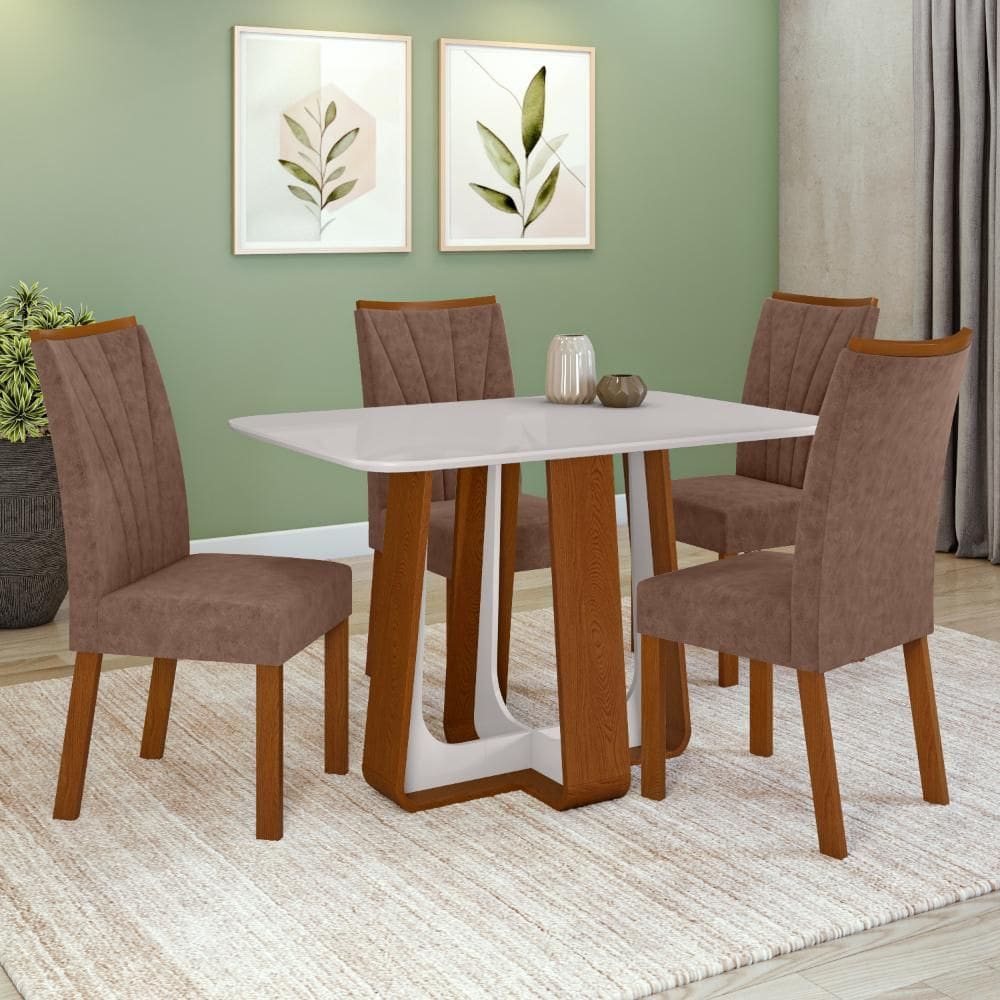 Conjunto Sala de Jantar Mesa Easy Pop 120x80cm Tampo Vidro/MDF com 4 Cadeiras Confort Couro Morano Avelã Frassino/off White
