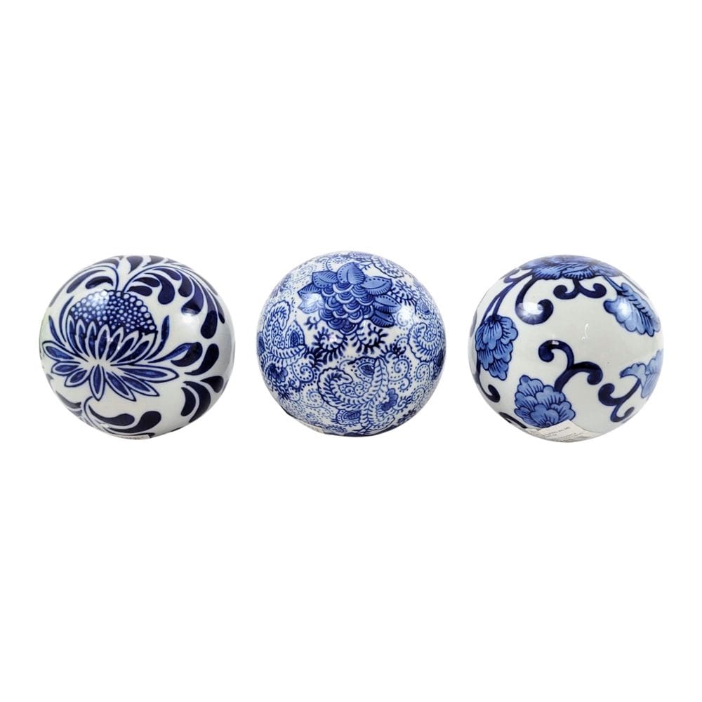 Kit 3 Bola Decorativa Porcelana Azul E Branco Floral 10Cm