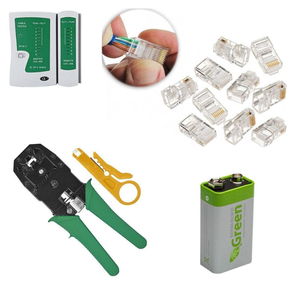 Alicate Crimpar Testador De Cabo Com 9V 50 Plugs Rj45 Cat5E