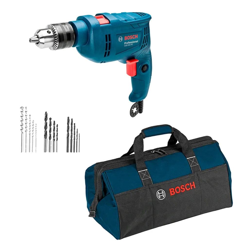 Kit Furadeira Bosch 220v Profissional Impacto Com Bolsa Azul Para Ferramentas GSB 550 550W