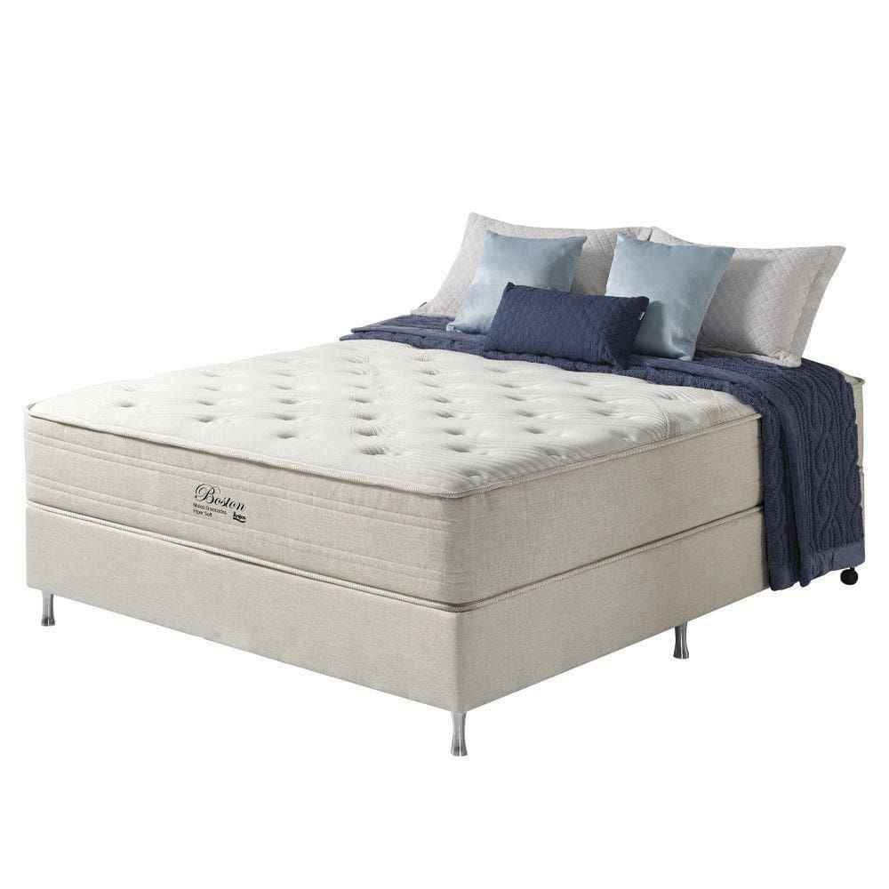 Cama Box Casal + Colchão Molas Ensacadas Hipersoft Boston Off White