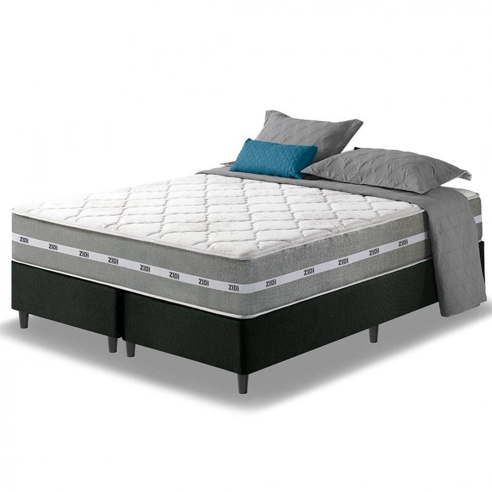 Cama Box Queen Preto + Colchão Molas Ensacadas Miami 158x198 Cinza Com Preto