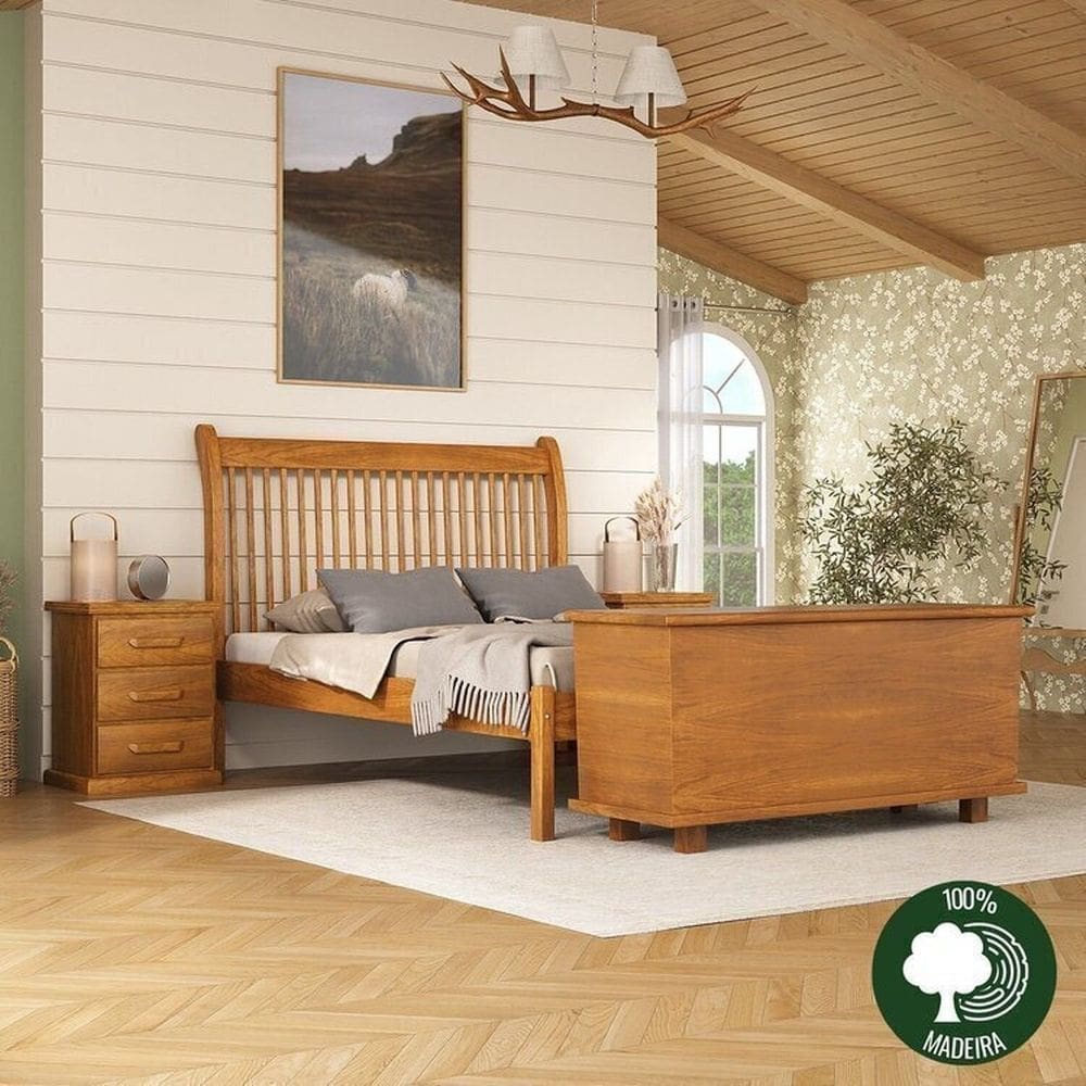 Conjunto dormitório cama napoli 140 + 2 Mesa de Cabeceira slin + Baú de peseira 1,40 Mogno Mel