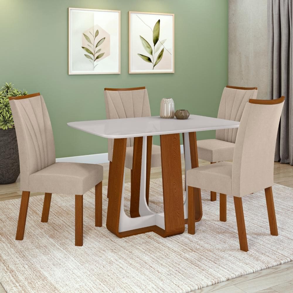 Conjunto Sala de Jantar Mesa Easy Pop 120x80cm Tampo Vidro/MDF com 4 Cadeiras Confort Veludo Naturale Creme Frassino/off White