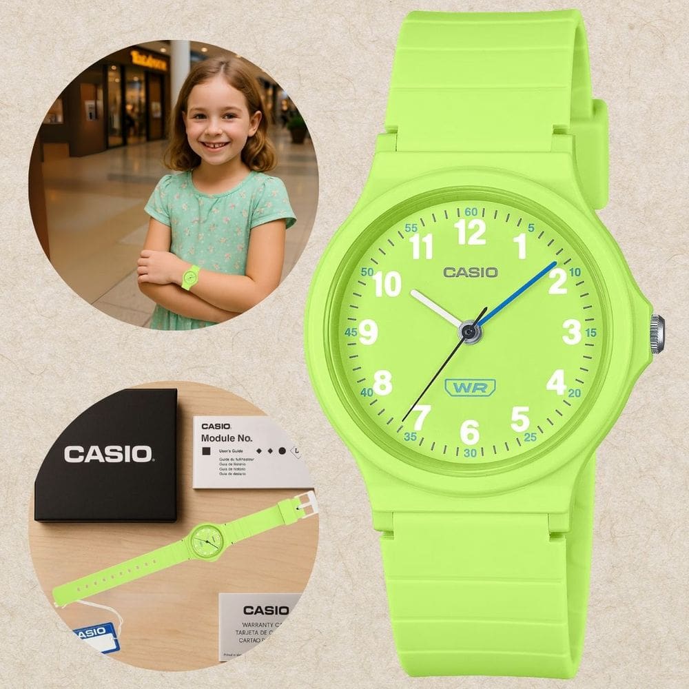 Relógio Casio Infantil Juvenil Escolar Leve Casual Meninos Meninas LQ-24B-3B Preto Pulseira Ecológica Resistente à Água Verde