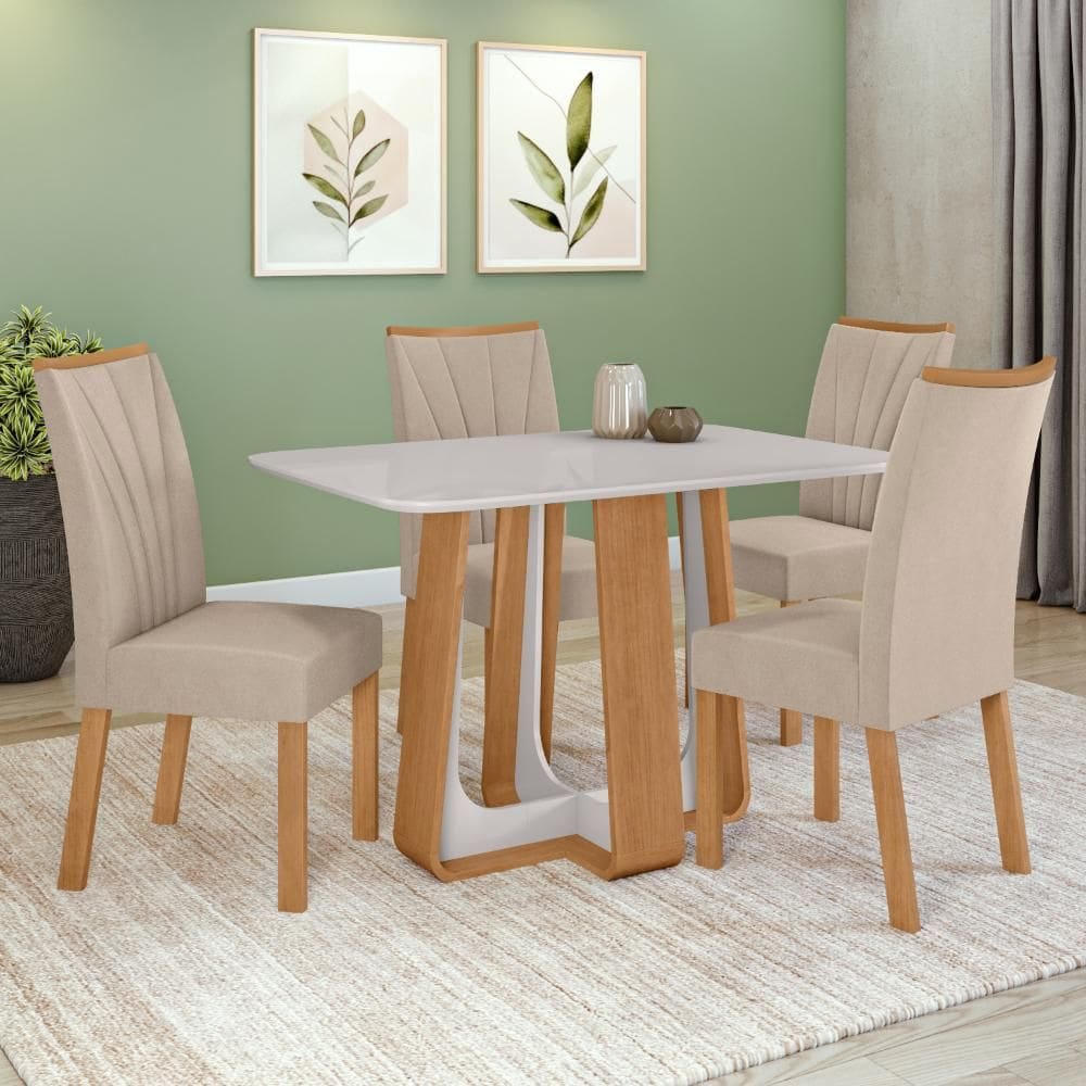 Conjunto Sala de Jantar Mesa Easy Pop 120x80cm Tampo Vidro/MDF com 4 Cadeiras Confort Veludo Naturale Creme Amendoa Clean/off White