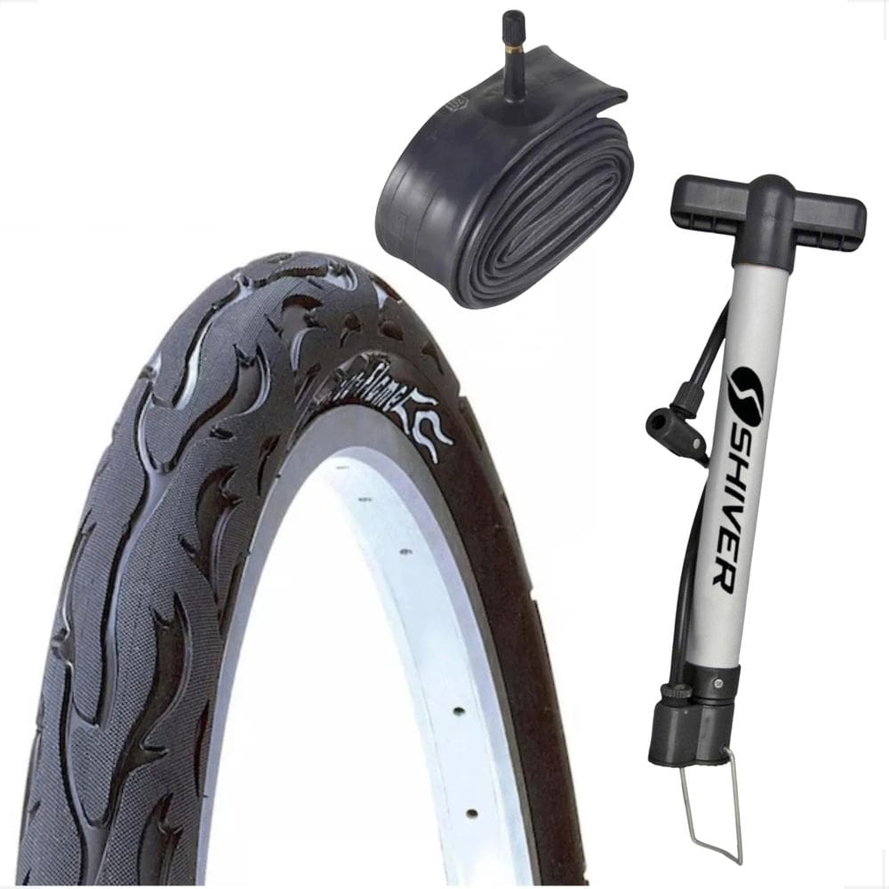 Pneu Bicicleta Kenda Flame Balão Aro 24 x 2.125 Liso Fogo + Camara Shiver + Bombinha de ar
