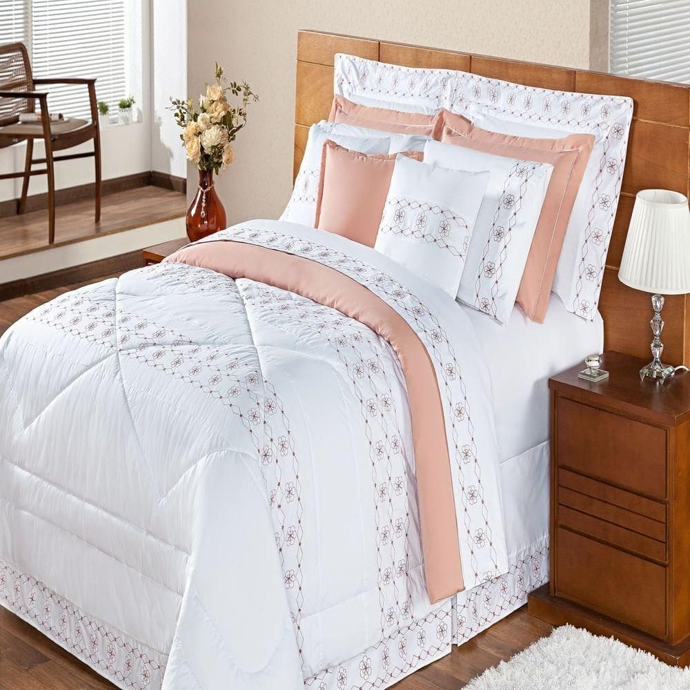 Kit Enxoval Queen 200 Fios Damasco Branco E Salmão 11pçs