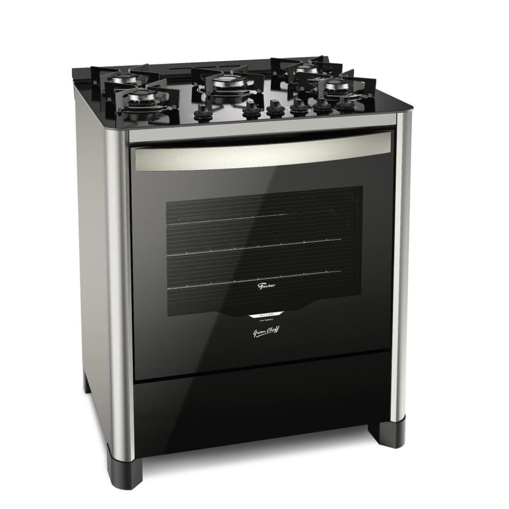 Fogão 5 Bocas a Gás Fischer Gran Cheff com Mesa de Vidro Temperado e Forno 110L Cinza Bivolt