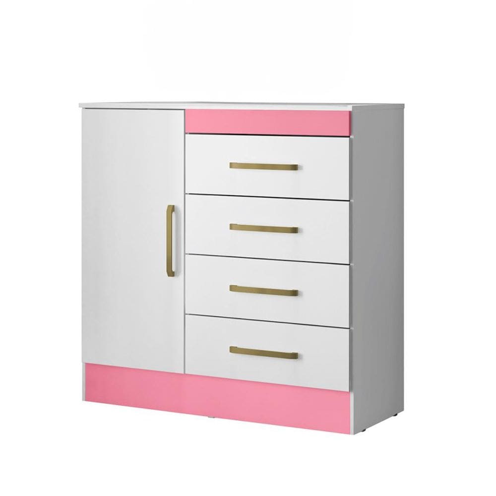 Cômoda Montevidéu Flex 1 Porta 4 Gavetas Branca e Rosa