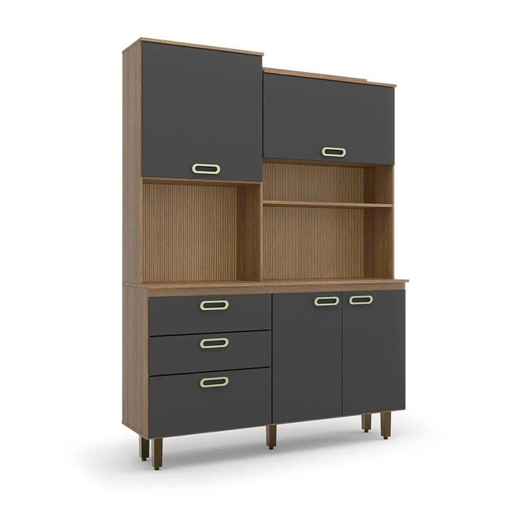 Cozinha Compacta Ravena 4 Portas 3 Gavetas Ipê Wood e Grafite