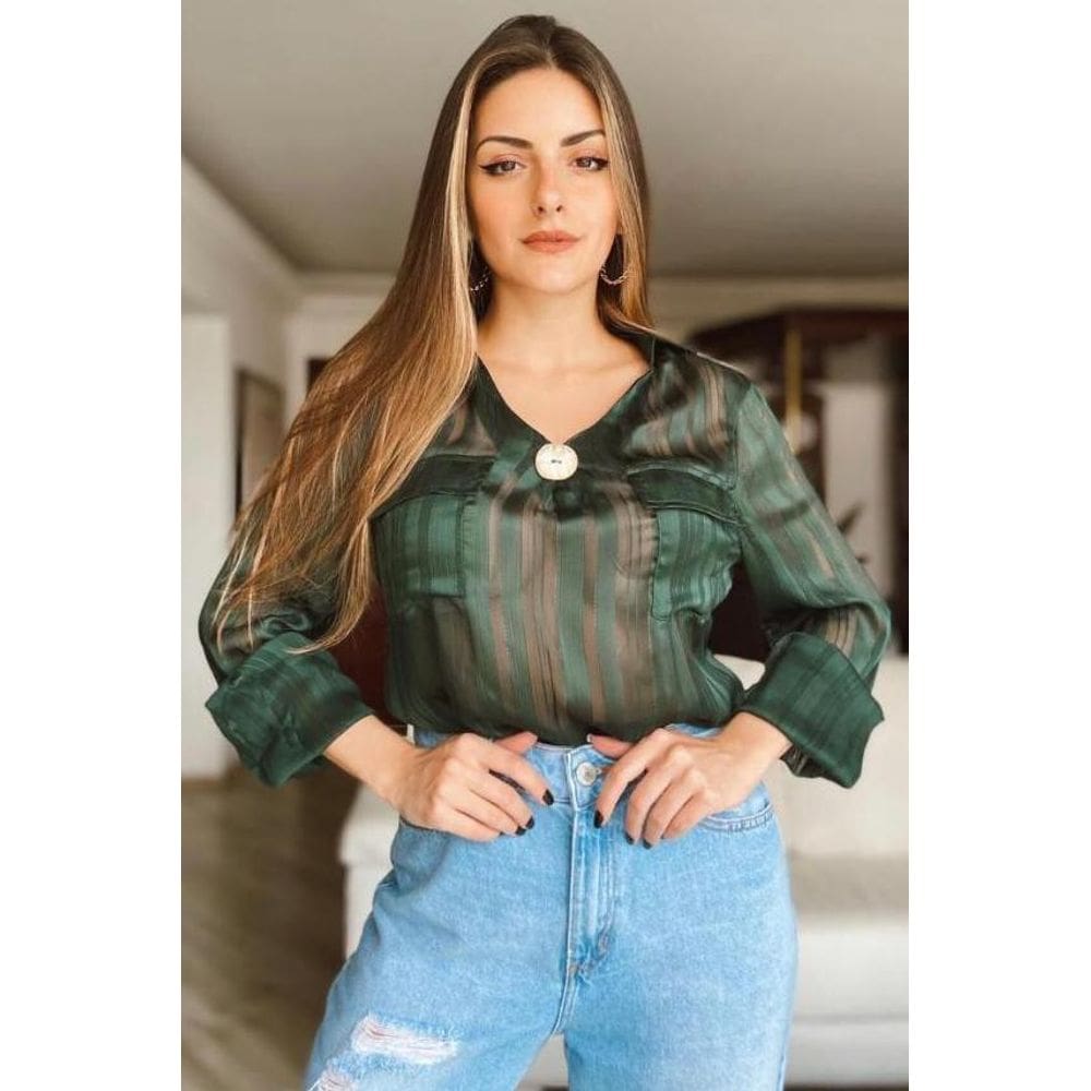 Blusa Crepe Manga Longa Com Botão [F081]
