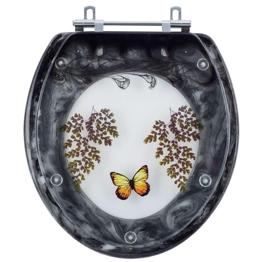Assento Sanitario Poliester Decorado Borboleta Preto Para Todos Os Vasos