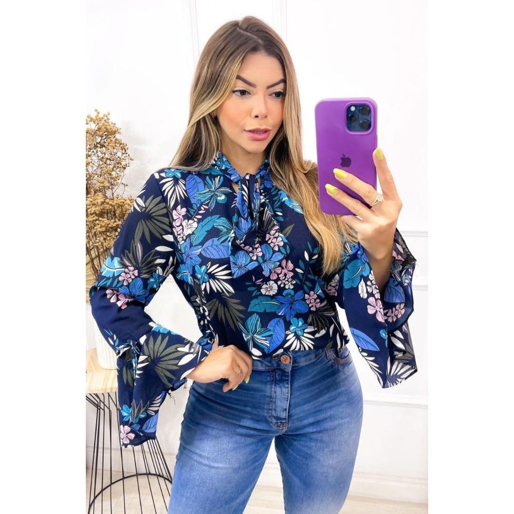 Blusa Crepe Manga Longa Detalhe Amarrar [F081]