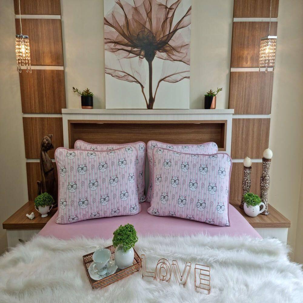 Jogo De Lençol Malha 100% Algodão Solteiro Gata Rosa 2pçs