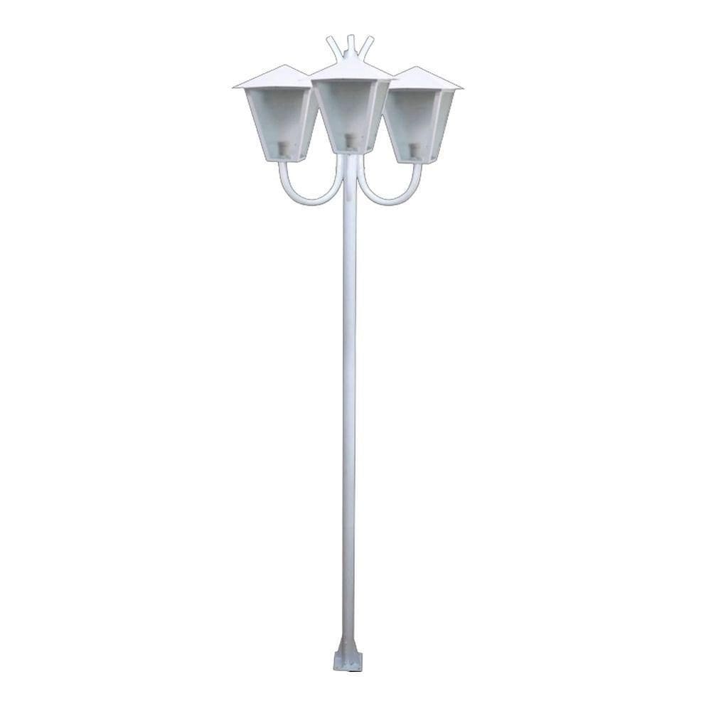 Poste Braço Curvo Luminária Romana Tripla Jardim em tonalidade Branco 3mt