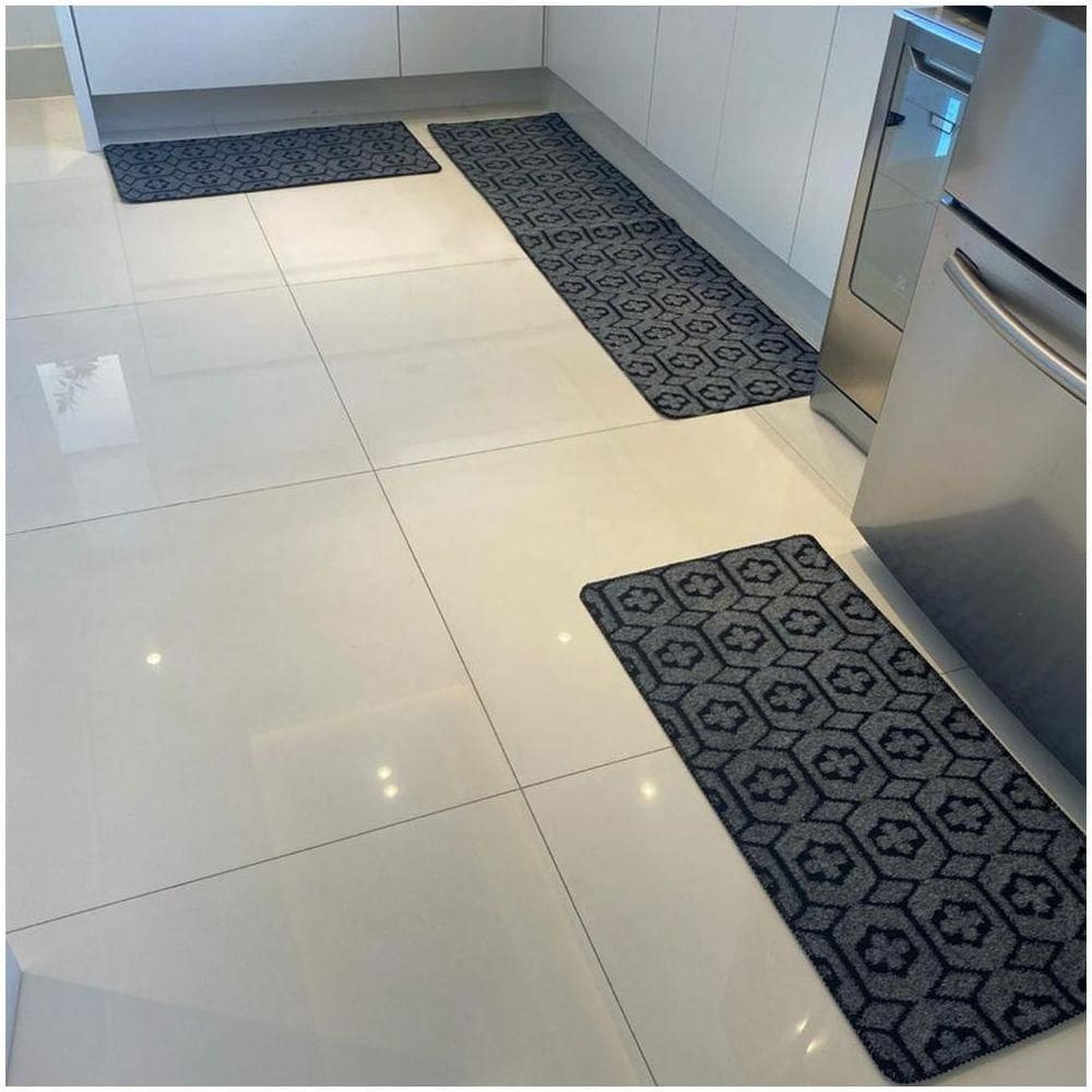 Kit Jogo De Cozinha Carpete Geométrico Elegante 3 Peças Titulo Cinza