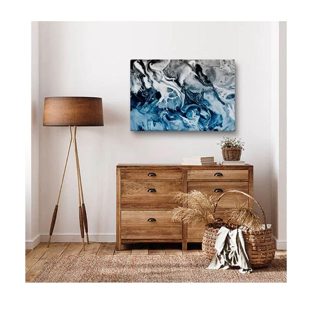 Quadro Abstrato Blue And Silver C- Moldura Prata e Vidro Tamanho 90 X 60cm