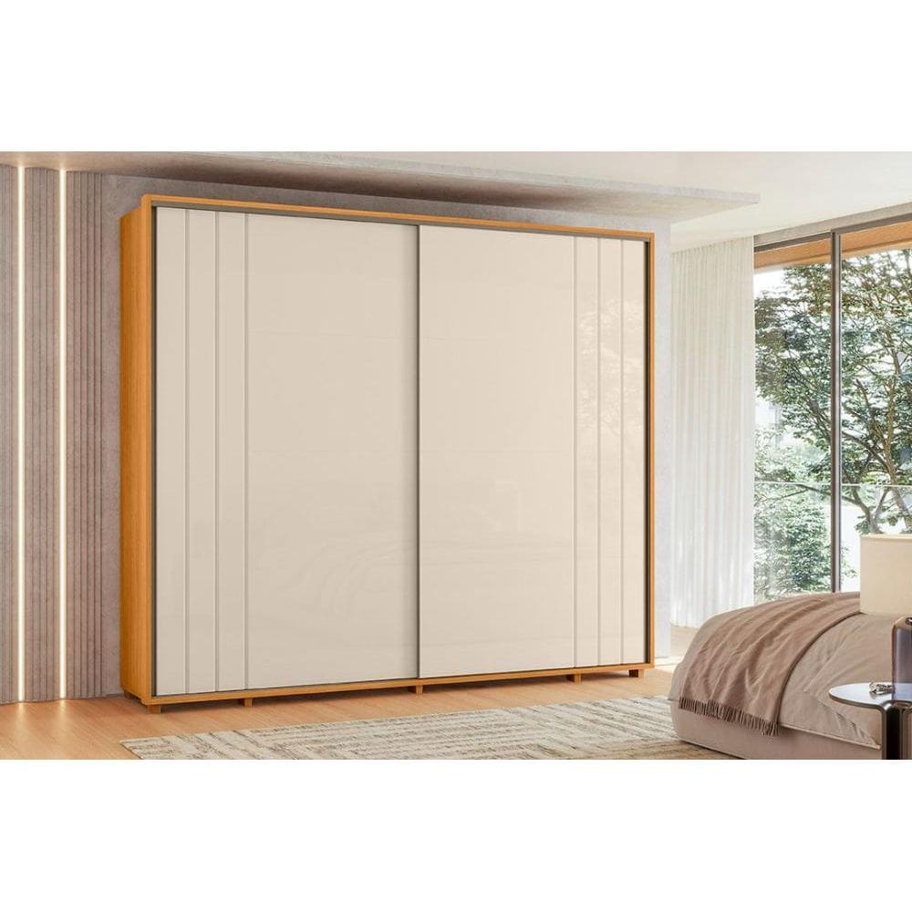 Roupeiro com escada Dalí 100% MDF ripado 2 portas e 8 gavetas - Cinamomo Off White - Madetec