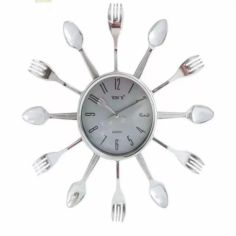Relogio Parede Cozinha Talheres Estilo Aluminio Retro Decorativo Quartz Prateado Luxo