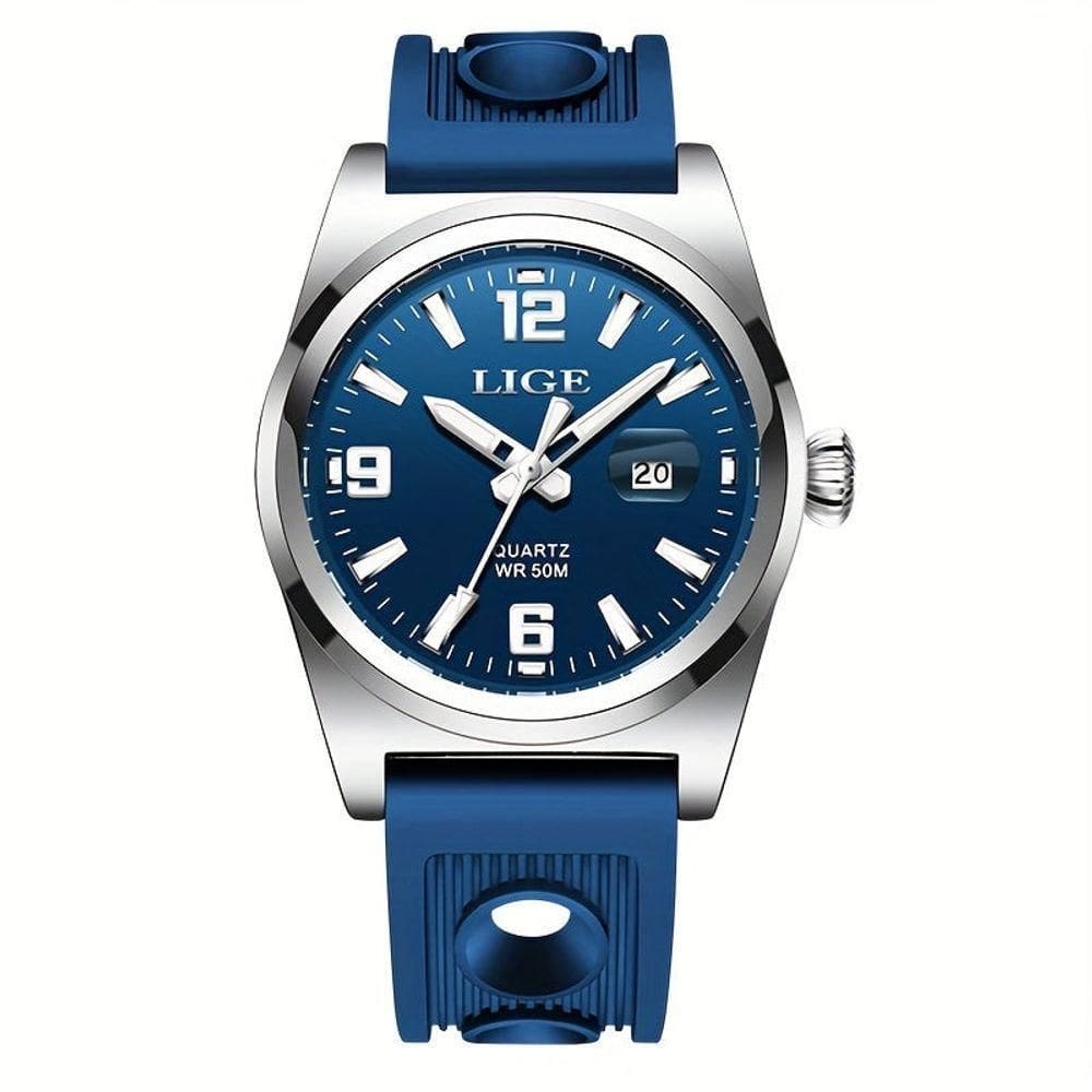 Relógio Esportivo De Quartzo Estilo Vintage Masculino Impermeável 50m Display Luminoso Azul Prateado