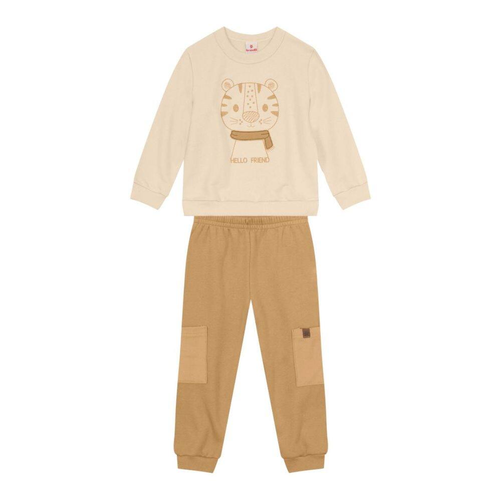 Conjunto Moletom Menino Tigre Bordado Bege - Brandili