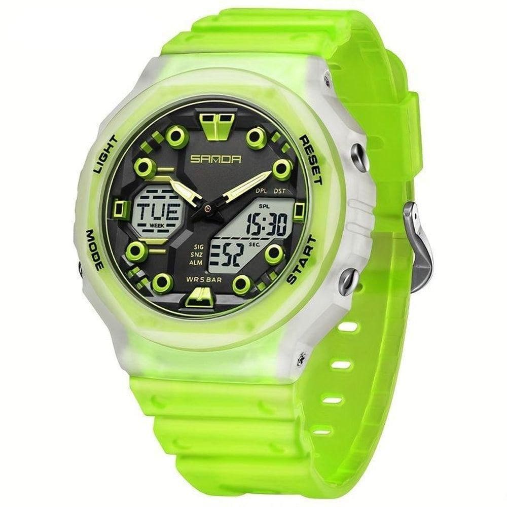 Relógio Masculino Esportivo Multifuncional Com Mostrador Grande Sanda Verde Transparente