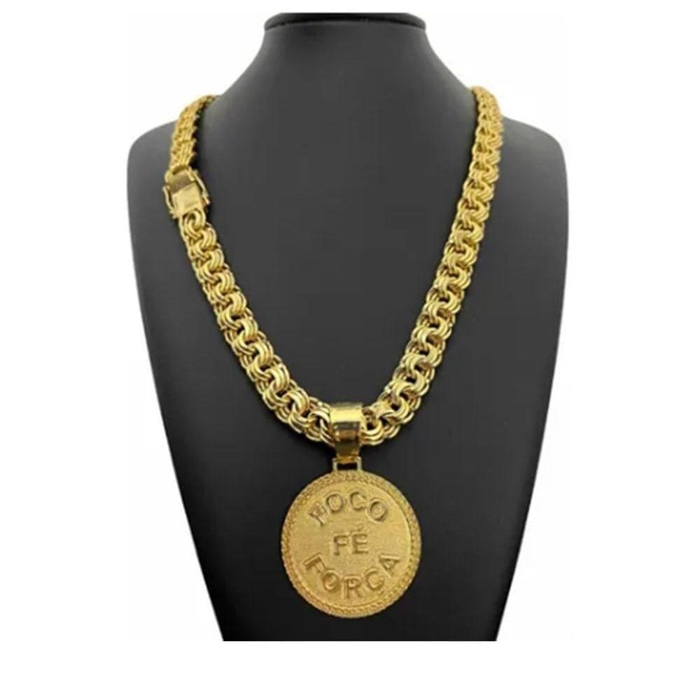 Cordão Banhado Ouro 12mm C- Pingente Corrente De Cria