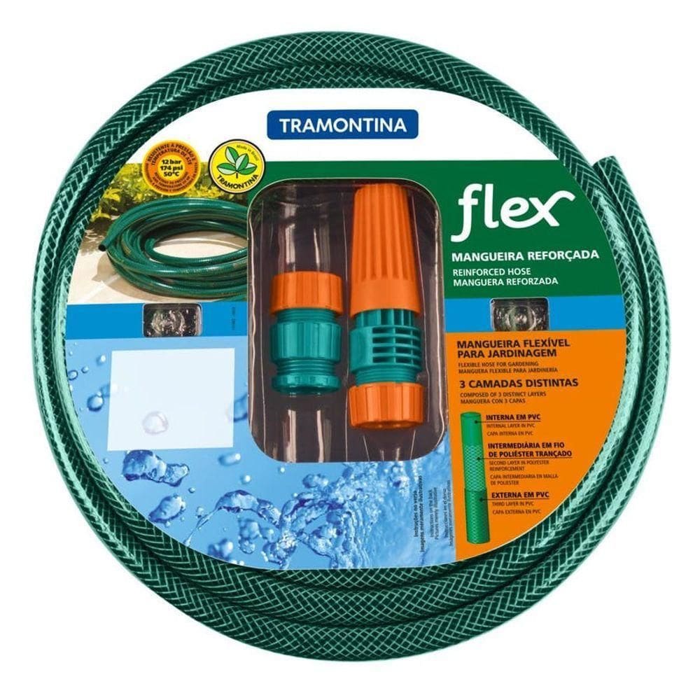 Mangueira 3 Camadas Flex Verde Pvc Com Engates Rosqueados E Esguicho 20m - Tramontina