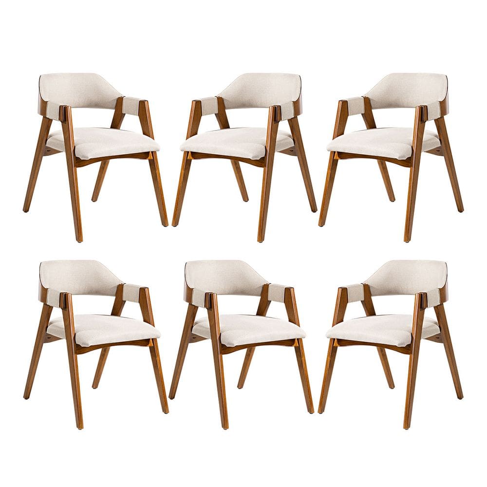 Kit 6 Cadeiras com Encosto Curvado para Mesa de Jantar Lua com Estofado Linho Bege L60 RMI
