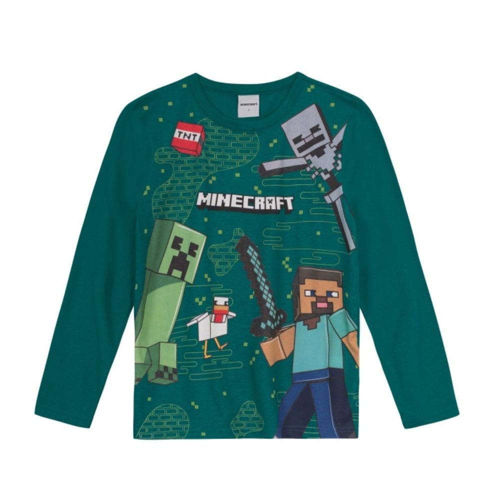 Camiseta Manga Longa Minecraft Menino Verde - Brandili