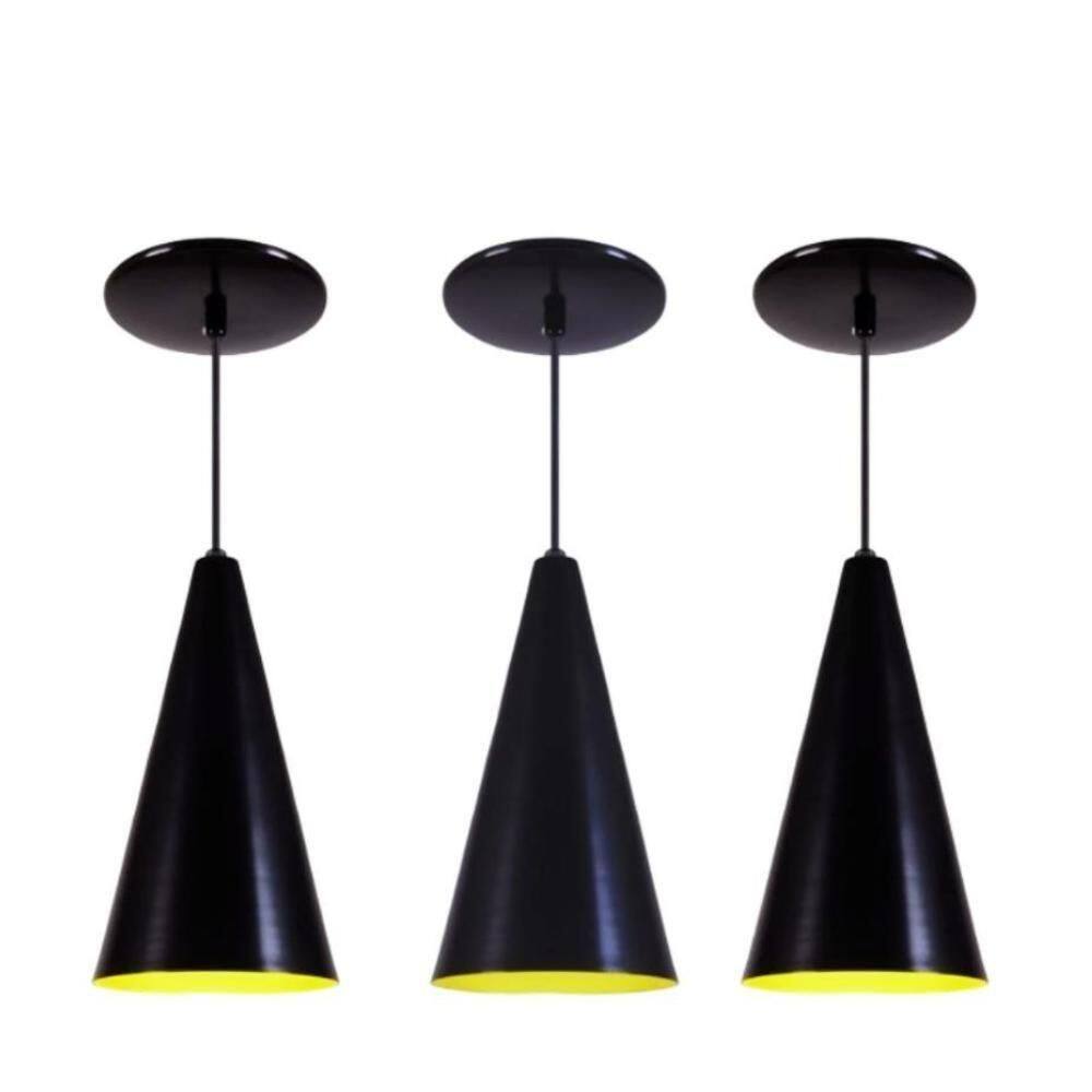 Kit 3 Luminaria Pendente Lustre Aluminio Cone Preto Preto