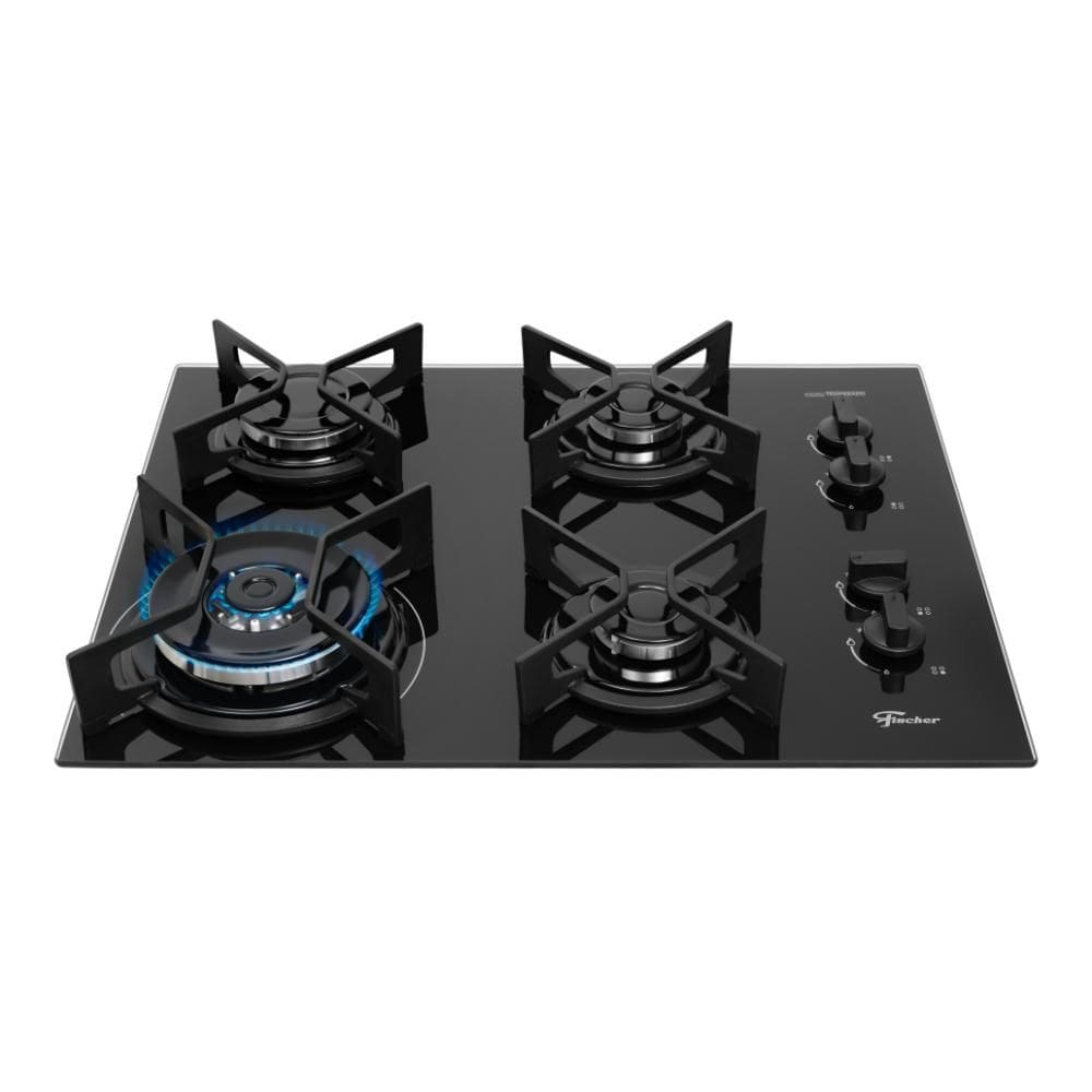 Cooktop 4 Bocas Fischer Fit Line a Gás com Mesa de Vidro Temperado e Tripla Chama Preto Bivolt