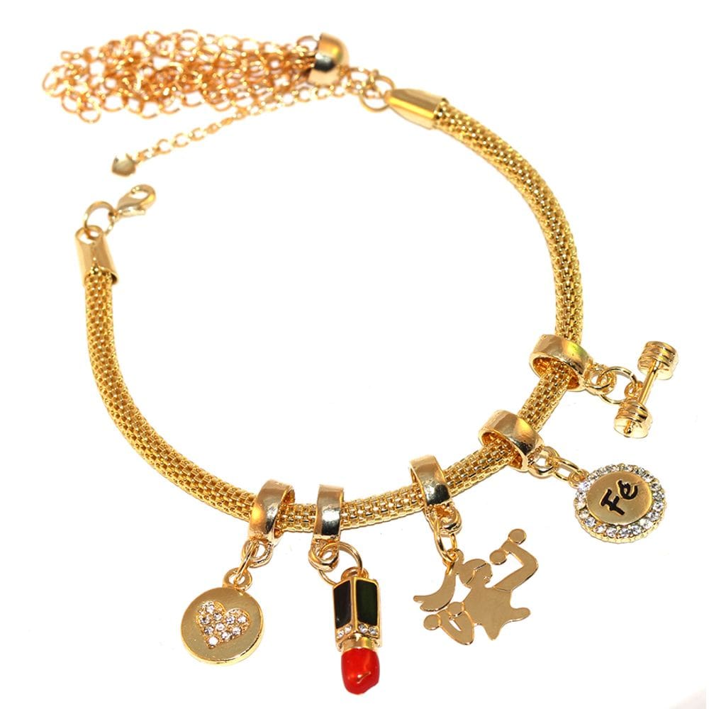 Pulseira Berloque Batom Halter Musculação Folheado 18k
