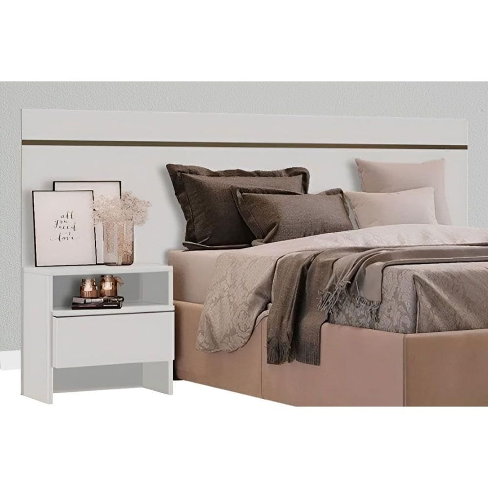 Painel Cama Box Madeirado Casal Prime c/ 2 Mesas e 2 Gavetas Neve - Novo Horizonte