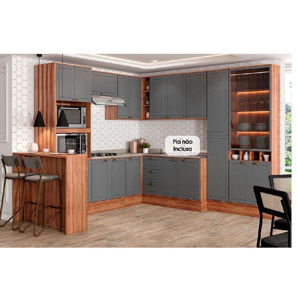Cozinha Modulada Carraro Bella 11 Peças (3Aéreos+3Balcões+1Paneleiro+1Cristaleira+1TorreQuente+1Ilha+1Complemento) C11P50 Nogal/Cinza-Carraro